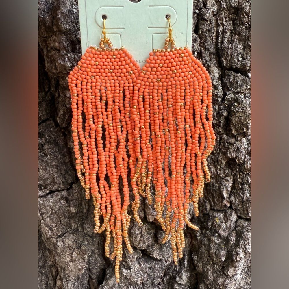 Western Earrings Orange Coral Fringe Seed Beads Cowgirl Cowboy